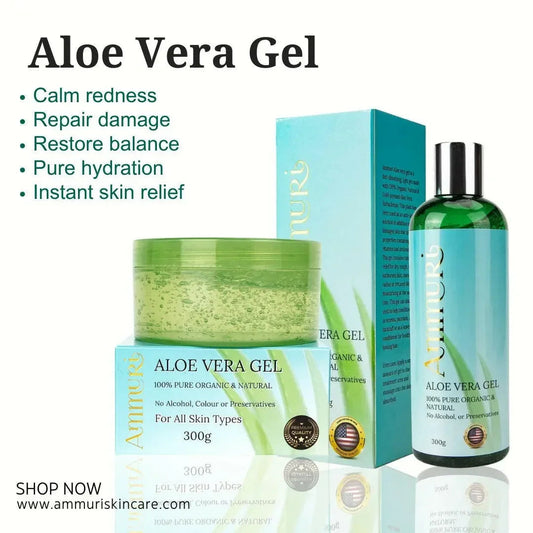 Ammuri Organic Aloe Vera Gel Set – Pure Soothing Gel for Face, Hair & Body (Jar + Bottle 2-Pack – 300g)-0